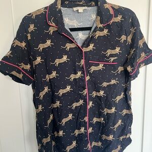 Navy Leopard Print Short Sleeve Pajama set with Pink Piping